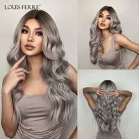 louis ferre long silver grey curly synthetic wigs ombre grey wavy natural looking wig for women daily thick heat resistant hair