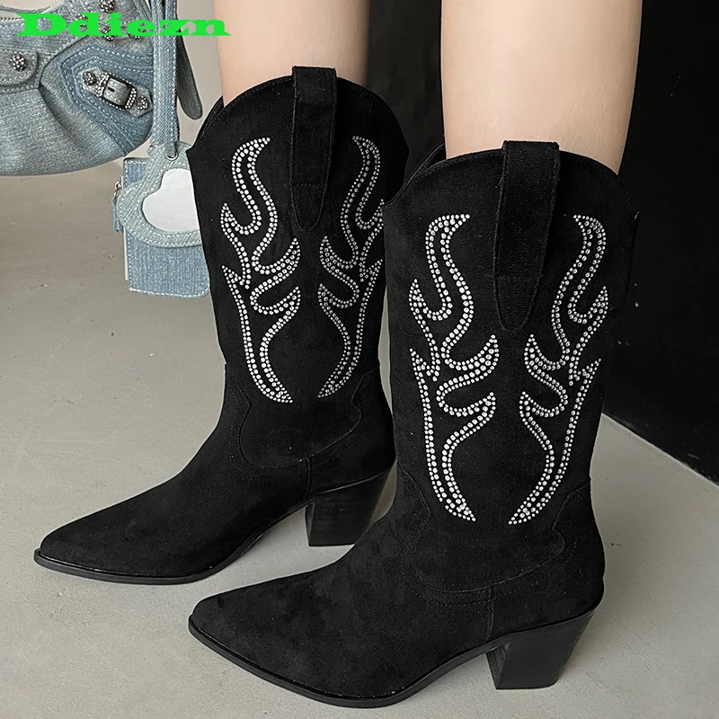 

Western Modern Boots For Mid-Calf Autumn Ladies Heels Female Shoes Fashion Footwear Black Women Pumps Pointed Toe Chelsea Boots