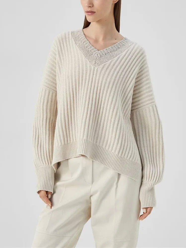 

Женский трикотажный свитер с V-образным вырезом, короткий спереди, Длинный свободный пуловер сзади, топы, женская трикотажная одежда с длинным рукавом, осень 2023