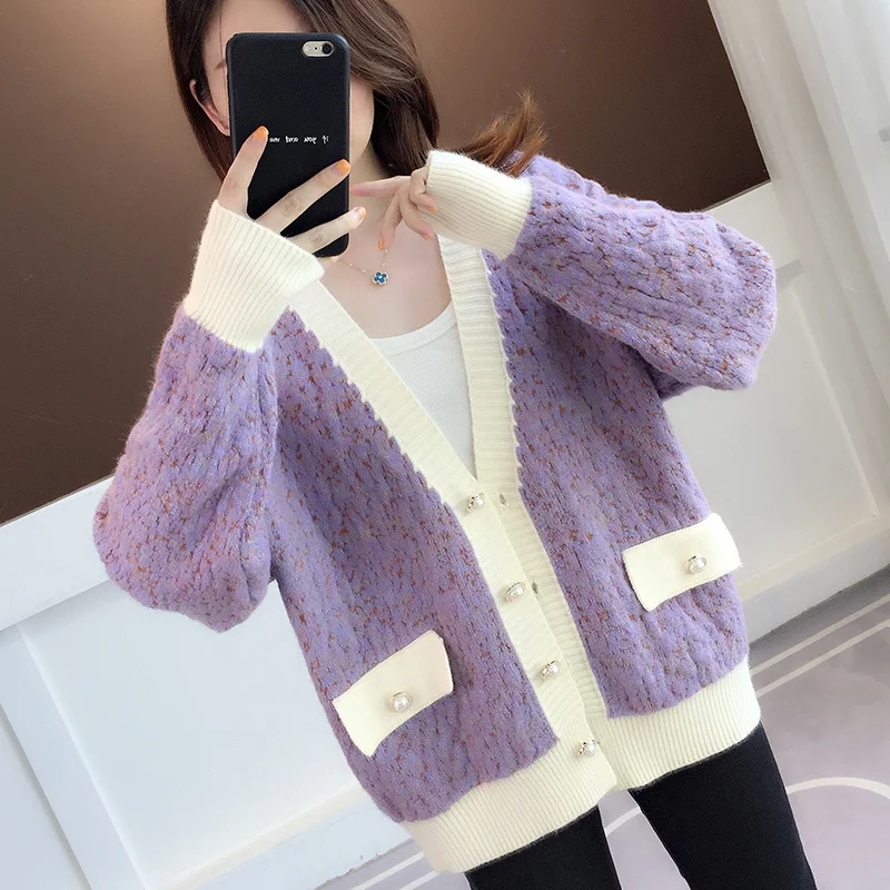 

V-Neck Korean Single Breasted Long Sleeve Blue Purple Light Grey Loose Casual Knitted Cardigan Sweater Women Autumn Sueter Mujer