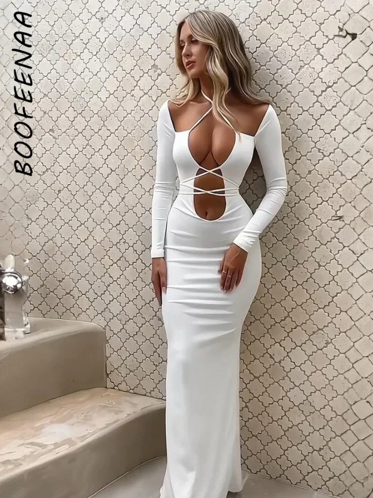 

BOOFEENAA облегающее платье на шнуровке с глубоким V-образным вырезом и длинным рукавом, привлекательная белая женская одежда, Элегантные зимние платья-Макси 2023