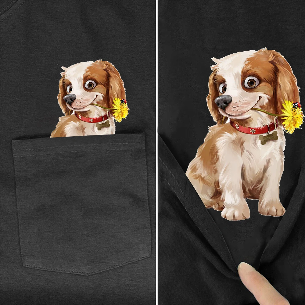 

CLOOCL 100% Cotton T-shirts Fashion Cute Floral King Charles Dog Pocket Tops Hip Hop Tees O-neck Short Sleeve Woman Tshirts