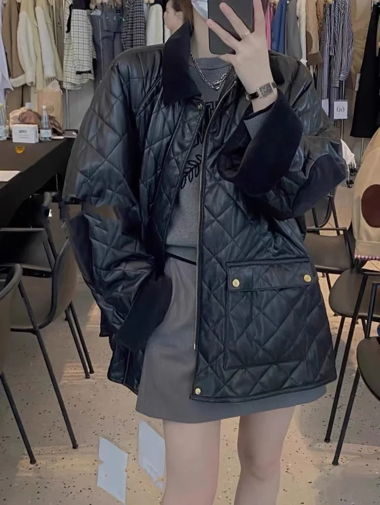 

Genuine Leather 2023 Autumn/Winter New Commuter Style Age Reducing Versatile Design Sense Diamond Plaid Cotton Sheepskin Top