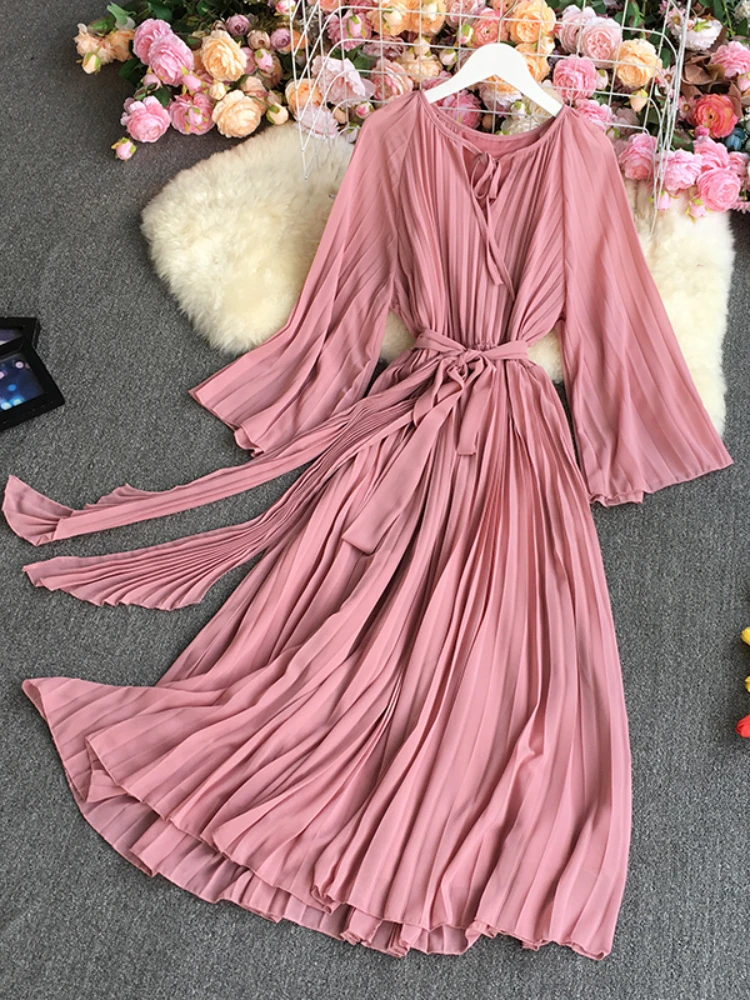 

Женское плиссированное платье Fitaylor, повседневное однотонное шифоновое платье трапециевидной формы с высокой талией и круглым вырезом, вес...