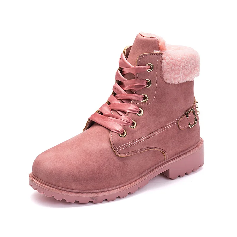 

Women Winter Boots Wram Plush Pink SnowBoots Personality Rivet Two Lacings Up Casual Ankle Boots 2020 Women Winter Shoes