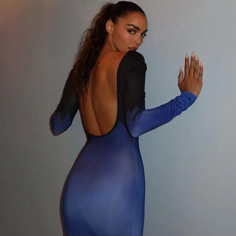 

Sexy Backless Dress Women Long Sleeve Slim Female European Style Bodycon Dress Vestido Curto Ry*