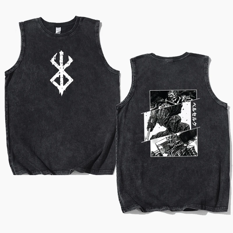 

NEW Anime Berserk Tank Top 100% Cotton Vintage Black Wash Tshirts Casual Hip Hop Punk Guts Sports Tank Top Sleeveless Tee Clothe