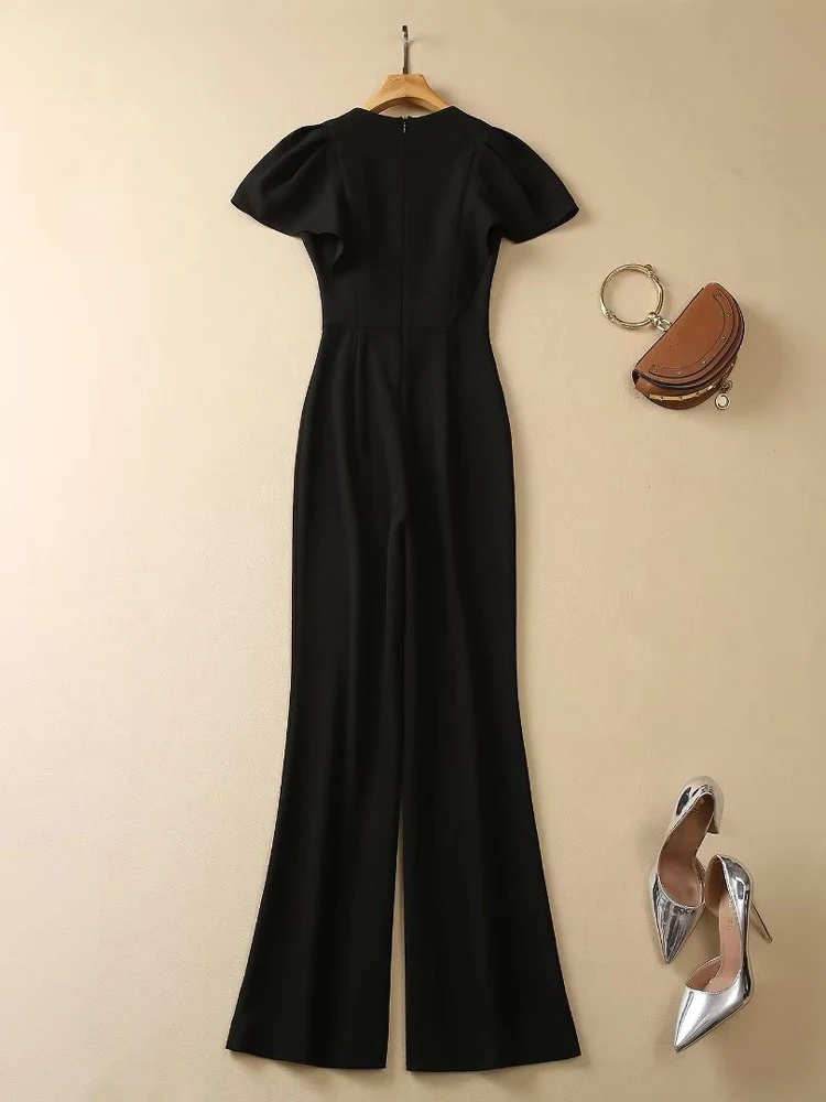 ZJYT Summer Runway Elegant Jumpsuits Womens Rompers 2023 Short Sleeve Solid Black Office Overalls One Piece Full Length Pants