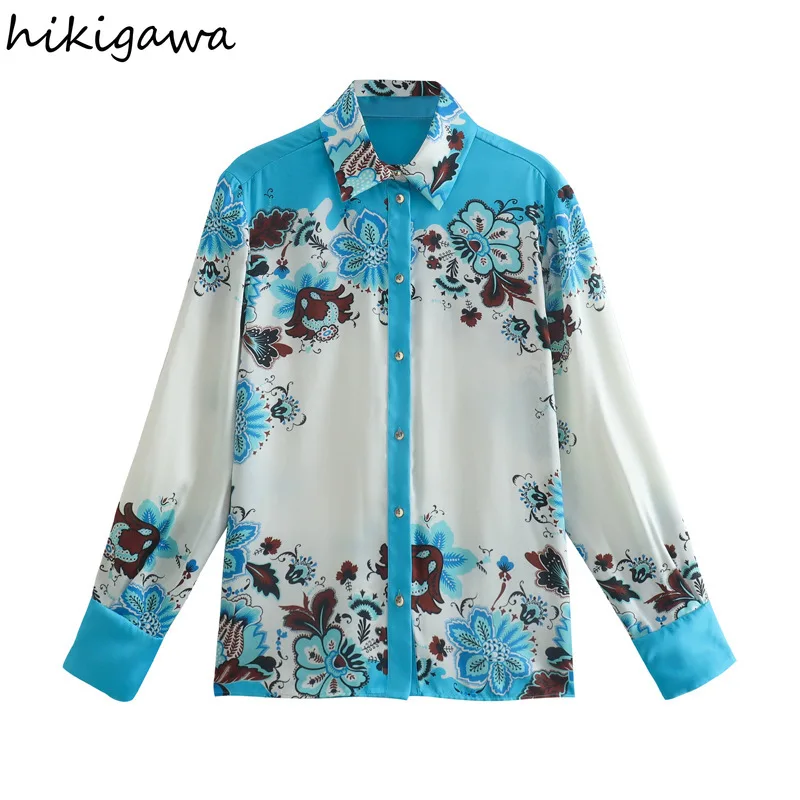 

Hikigawa Women Fashion Stain Texture Floral Print Button-Up Shirts Vintage Turn Down Collar Long Sleeve Female Blouses Chic Tops