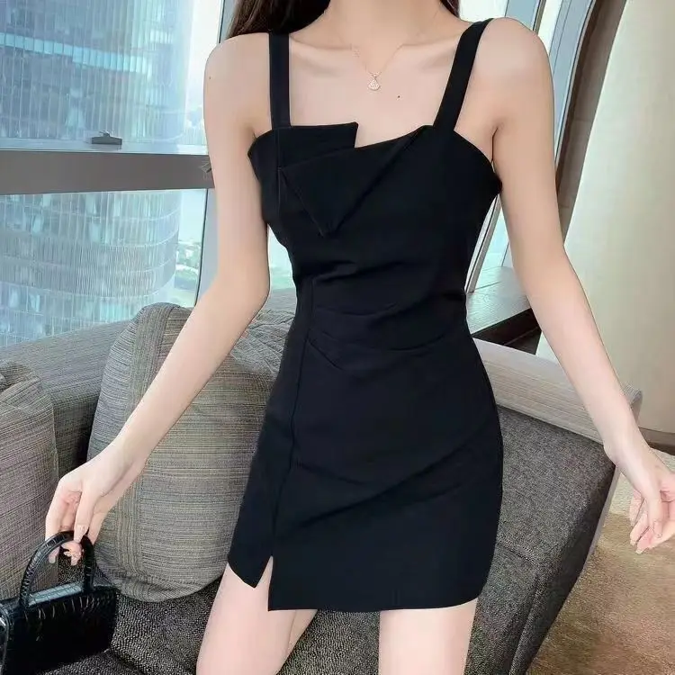 

Irregular Suspender Dress Women's Dress Small Dress Sexy Solid Color Small Black Dress Waist Waist Show Thin Wrap Hip Skirt 2023