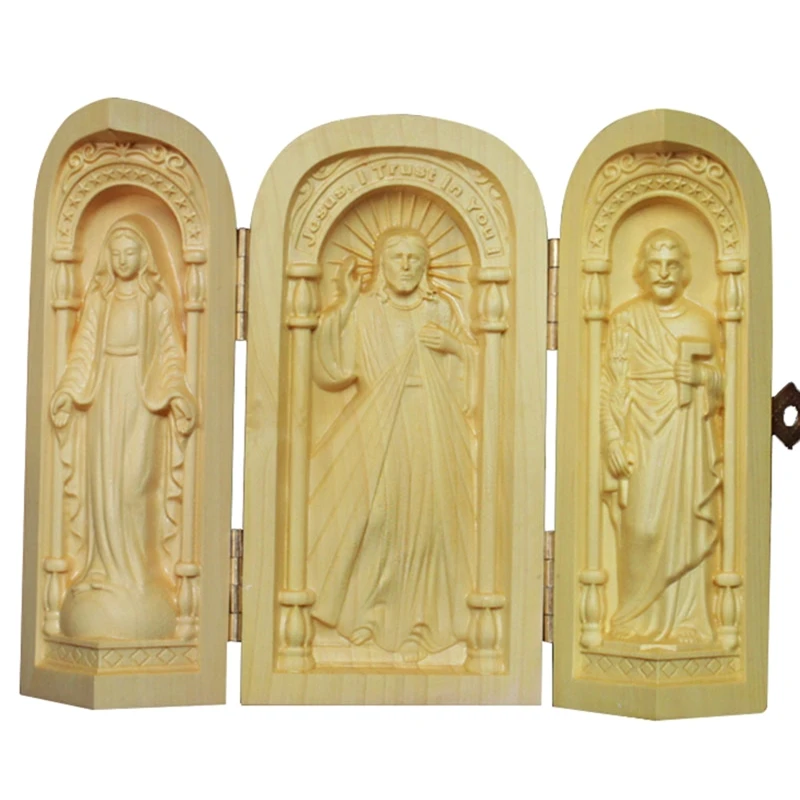 Catholic Relics Three Open Boxes Wooden Carving Crafts Box Ornament Gift for Christian Jesus Mother Mary Figurine