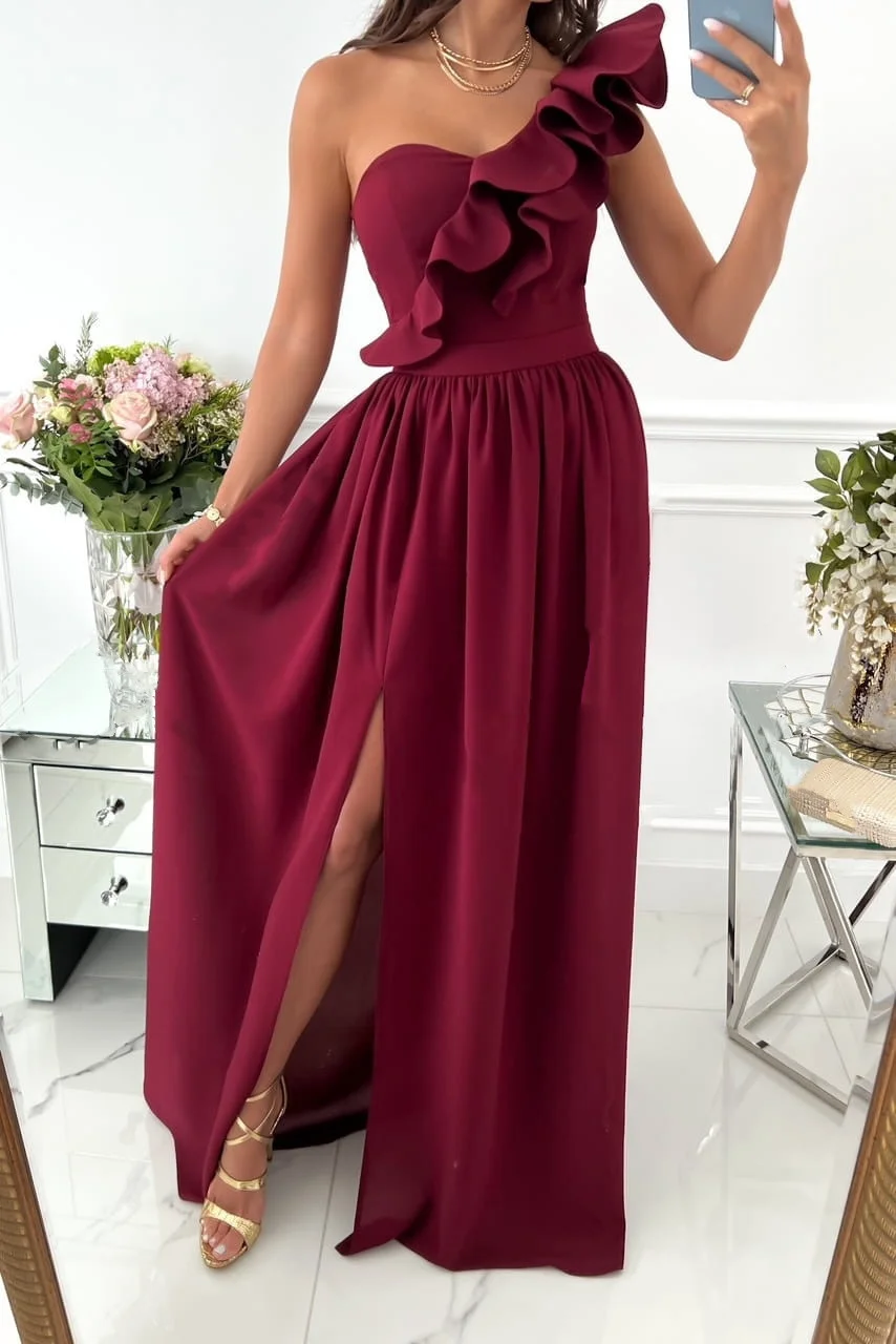 

Summer Sleeveless Shoulder Frill Hem Slit Elegant Dress For Women
