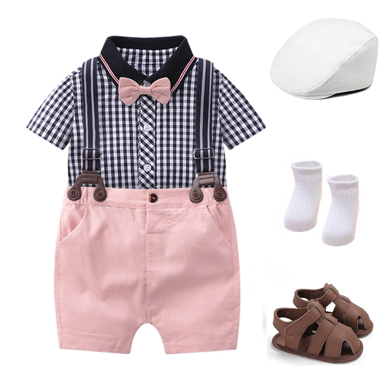 

0-18 Months Newborn Boys Clothes Black&White Plaid Romper with Hat Shoes Suit Infant Baby Summer Anniversary Outfits Toddler Kit