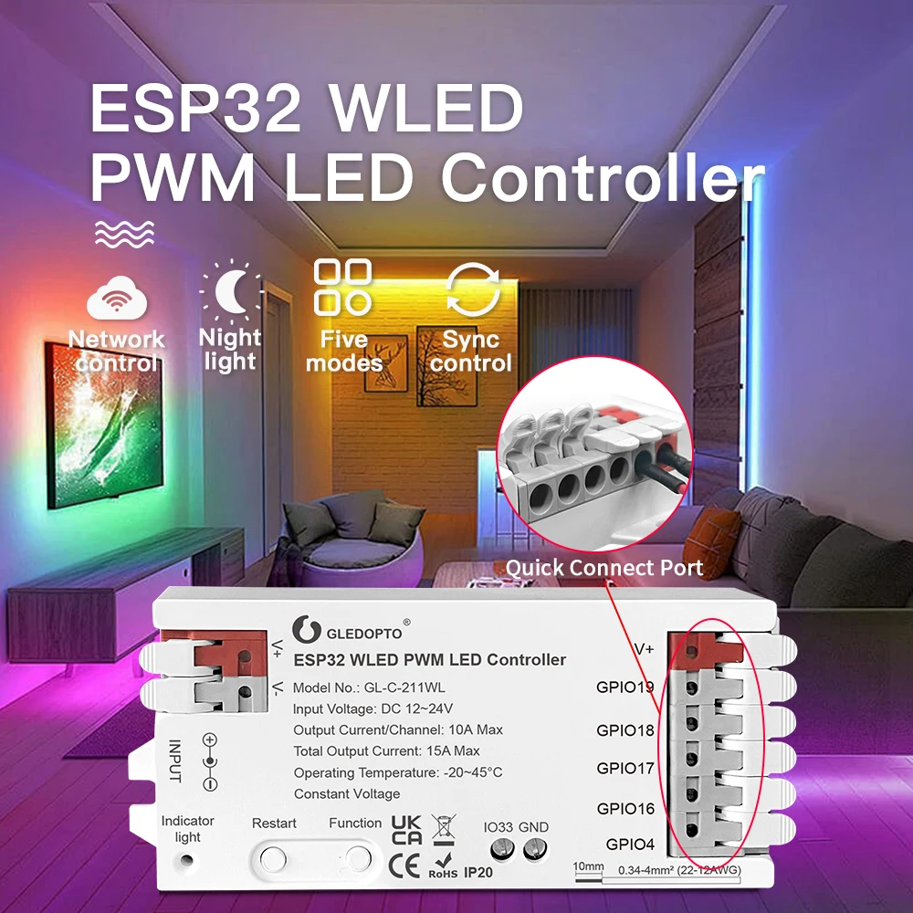 Фото 5GLEDOPTO ESP32 PWM WLED Динамический светодиодный контроллер 5 в 1 DC12-24V WIFI Управление приложениями для RGBCCT RGBW RGB CCT DM WS2811/2B/3/5 Strip №4