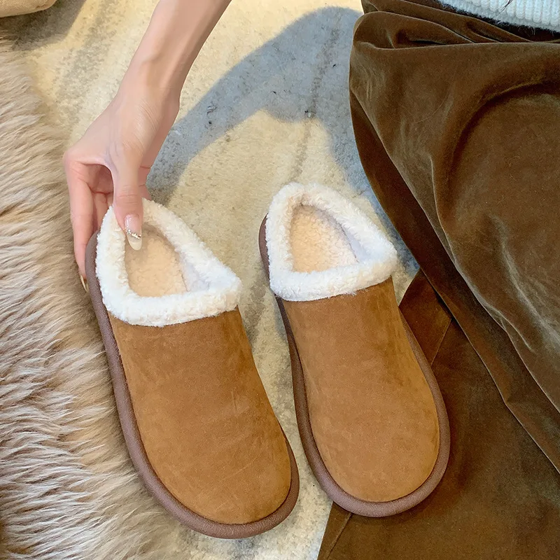 

Shoes Woman 2023 Loafers Slipper Warm Fur Flip Flops Cover Toe Low Pantofle Winter Plush New Basic Fabric Rubber Hoof Heels Rome