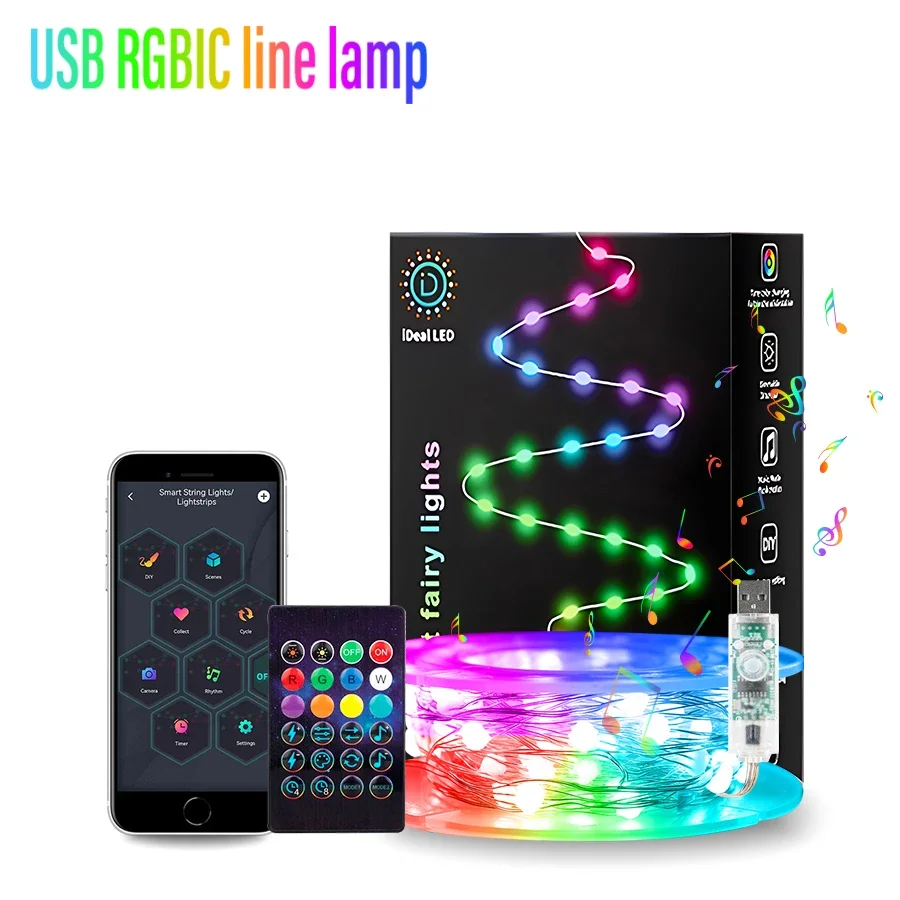 USB Рождественский светильник WS2812B Pixels RGBIC Fairy String Music Dream Color DC5V Светодиодная