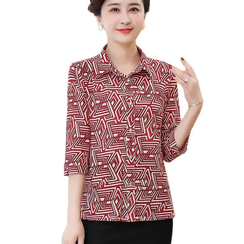 

Silk Print Blouse Women Casual Summer Middle Age Mother Loose Shirt Blusa Feminina Tops And Blouses Cardigan Mujer 5XL