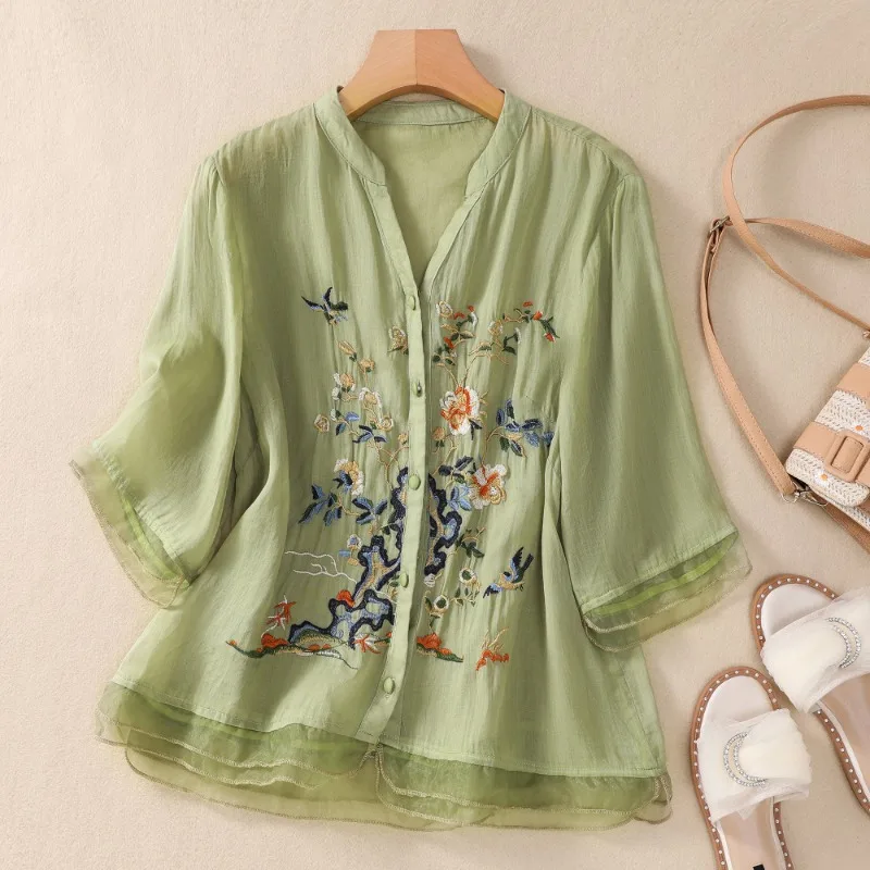 

Embroidery Women's Shirts Chinese Style Blouses Loose Short Sleeve 2023 Summer New Ladies Clothing Cotton Linen Tops YCMYUNYAN