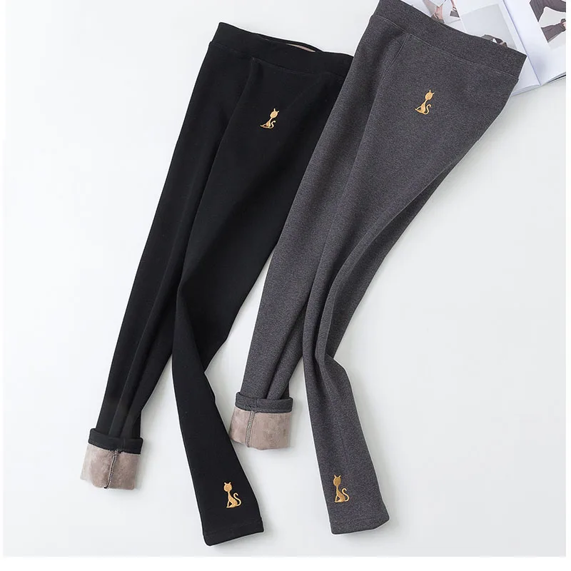 Winter Cotton Leggings Women Embroidered Plus Velvet Thickened Cat Slim High Elastic Warm Trousers Skinny Pants Thin Leg Fitness