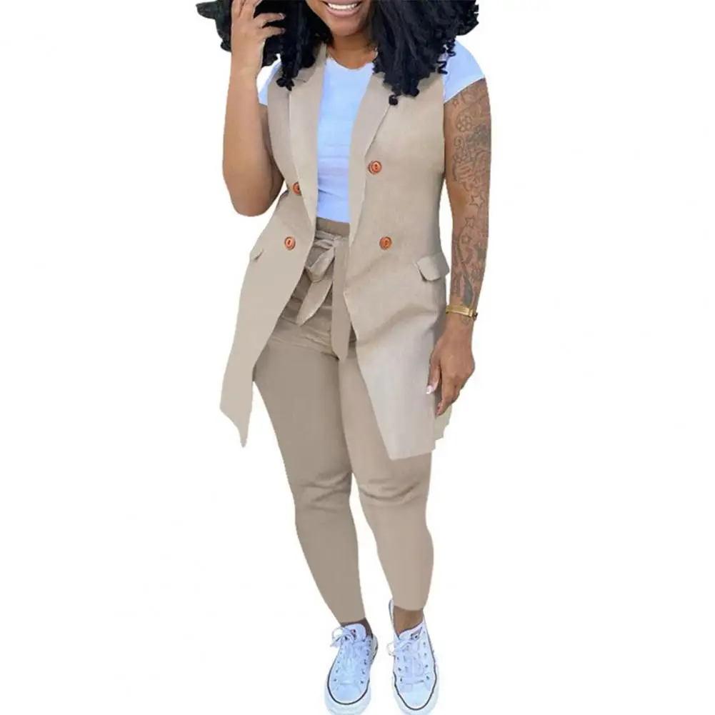

2 Pcs/Set Women Vest Blazer Set Sleeveless Cardigan Turn-down Collar OL Style Double-breasted Women Waistcoat Trousers Suit