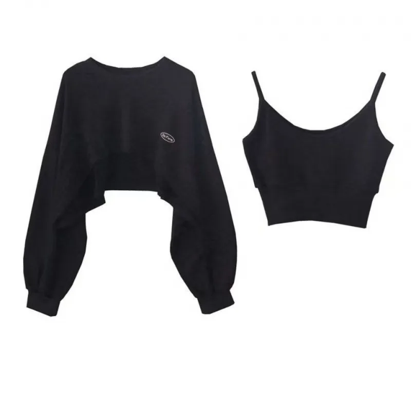 

Korean Version Spring Autumn Retro High Waist Short Thin Y2k Sweatshirt Long Sleeve Crew Neck Casual Blouse Daily Two-Piece Tops