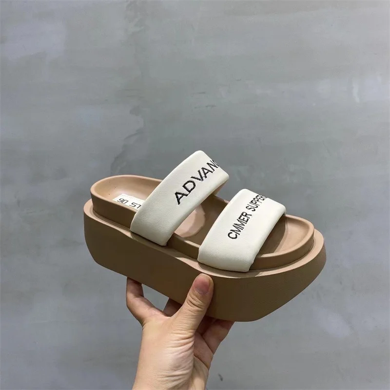 Summer 2023 Chunky Sandals Women's Thick Bottom Wedge Heels Slides 8CM High Heels Platform Leather Casual Beach Flip Flops Woman