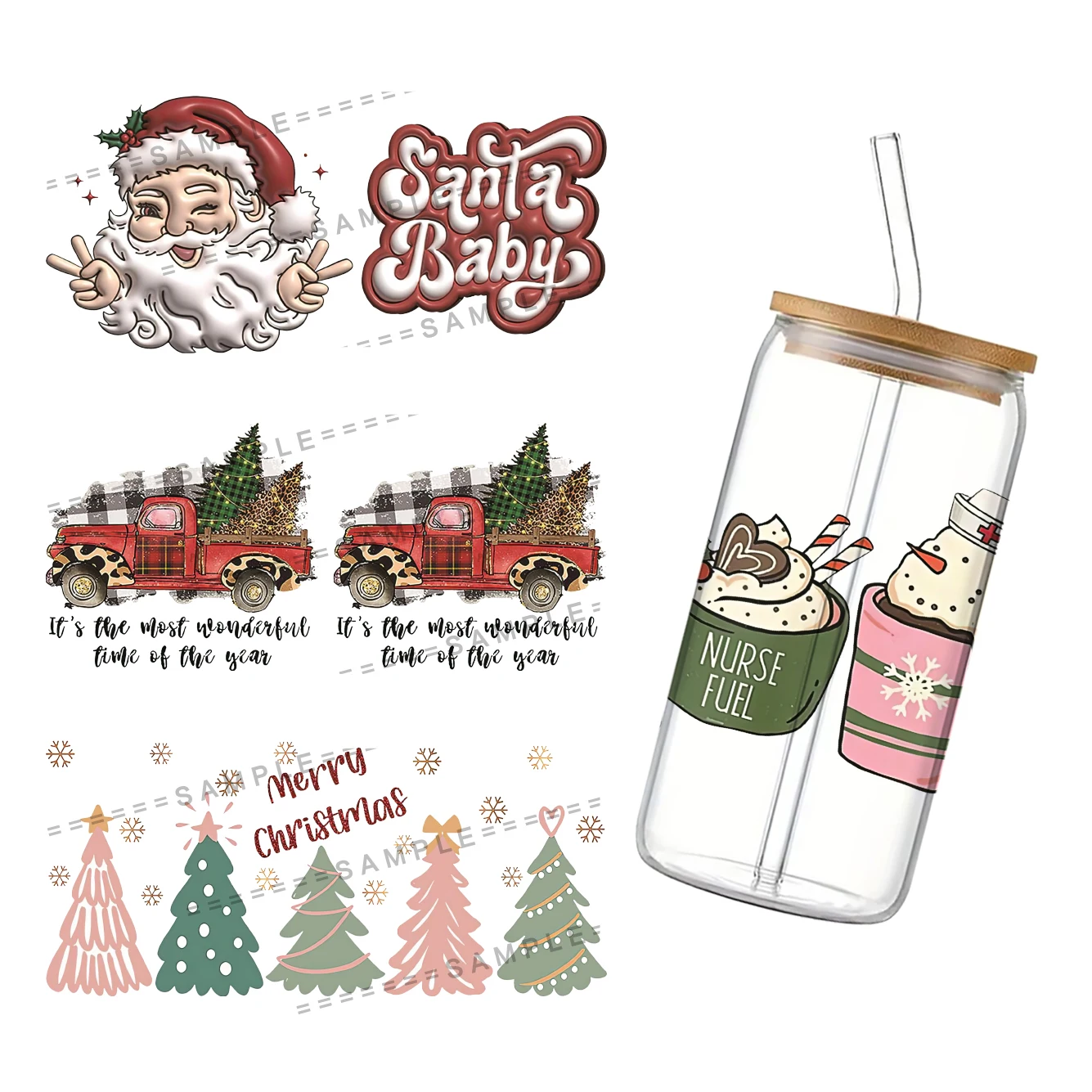 Для Libbey 16oz Can Glass UV DTF Coffee Wrap Christmas
