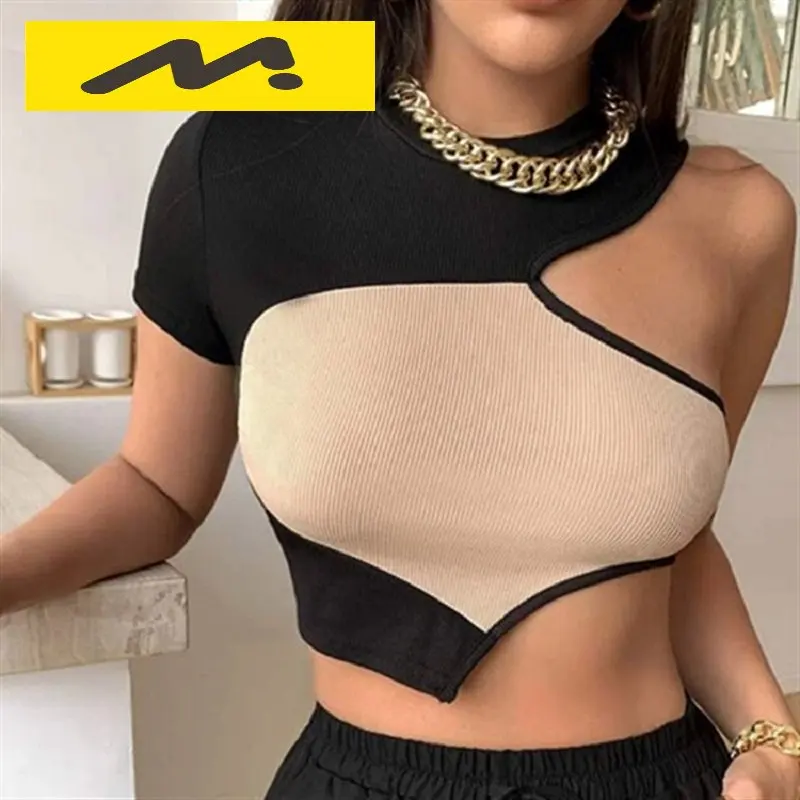 Sexy Irregular Stitching Short Sleeve Fashion Contrast Color Stitching Leaky Shoulder Round Neck T-Shirt Top Women's Summer 2022