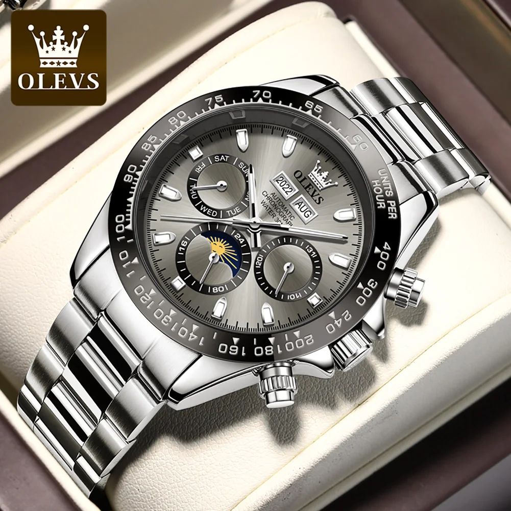 

OLEVS Automatic Watches Waterproof Stainless steel Luminous Month Phase Date Watch for Men Luxury Brand Wristwatch Mechanical