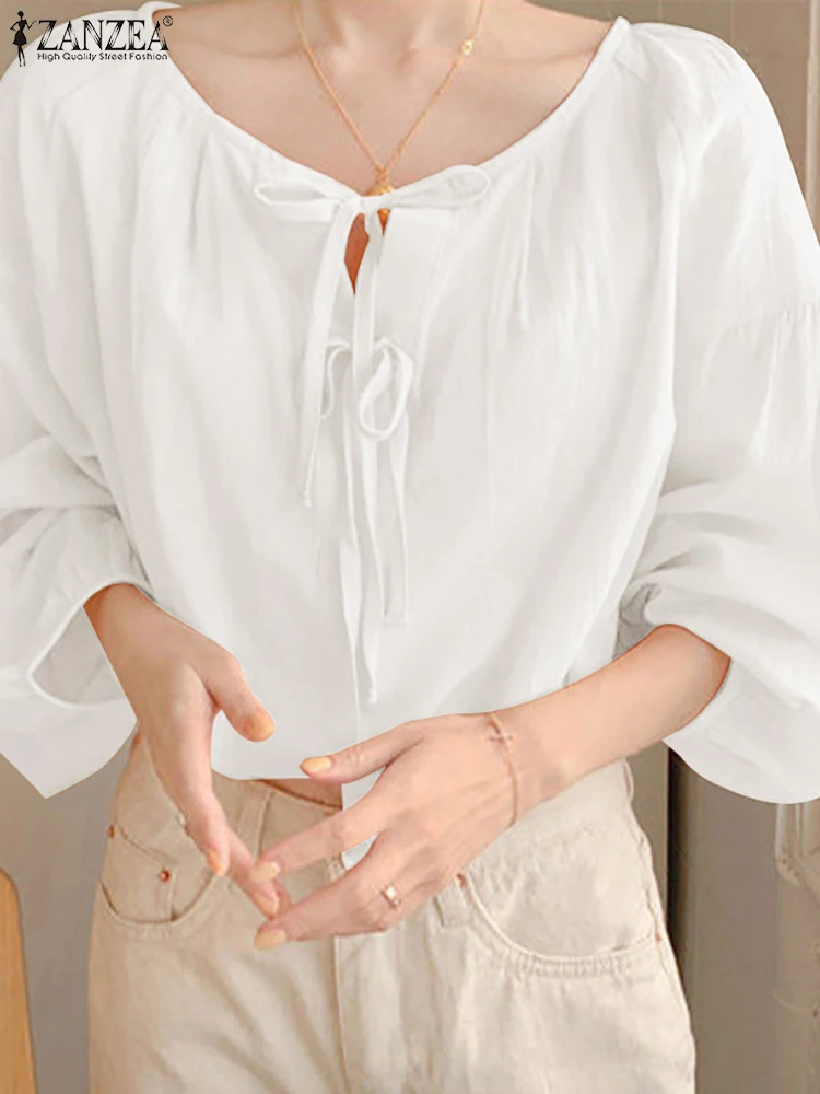 

Блузка ZANZEA Женская с длинным рукавом-фонариком и круглым вырезом