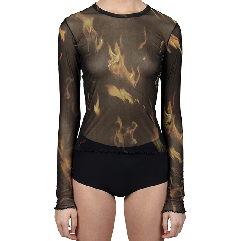 

Women's Autumn See Through Tops Long Sleeve Round Neck Flame Print Slim Fit T-shirt