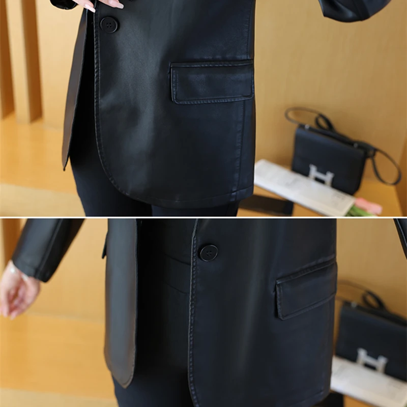 Women's Faux Leather Blazer Jacket 2022 Fall Spring Fashion Casual Solid Oversized Coat Button Down Motorcycle Bike Coat Jackets