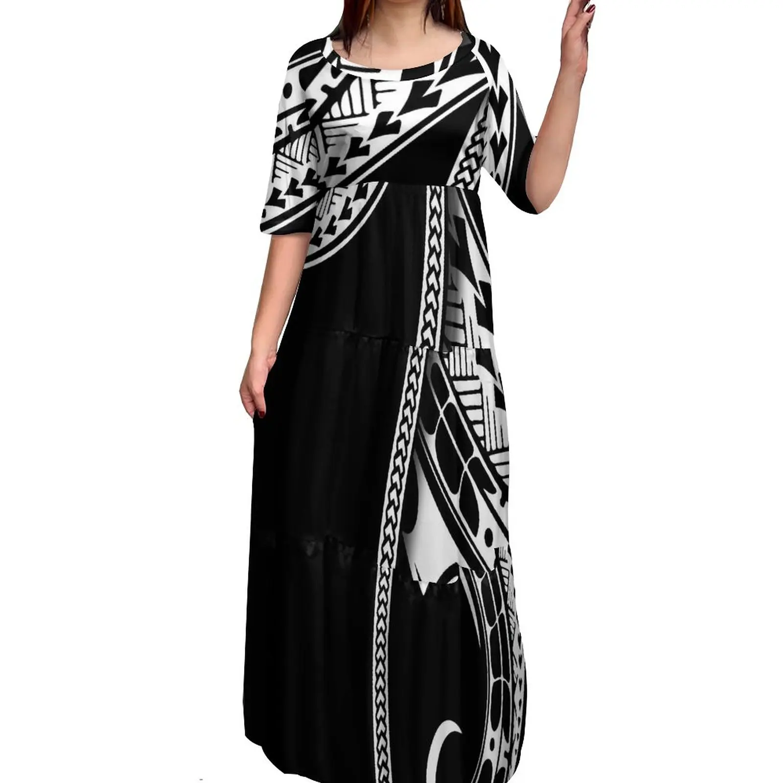 

Wholesale Price Custom Tonga Polynesian Tribal Pattern Long Dress Crew Neck Maxi Multi Tiered Dress Floral Casual Dresses 8XL