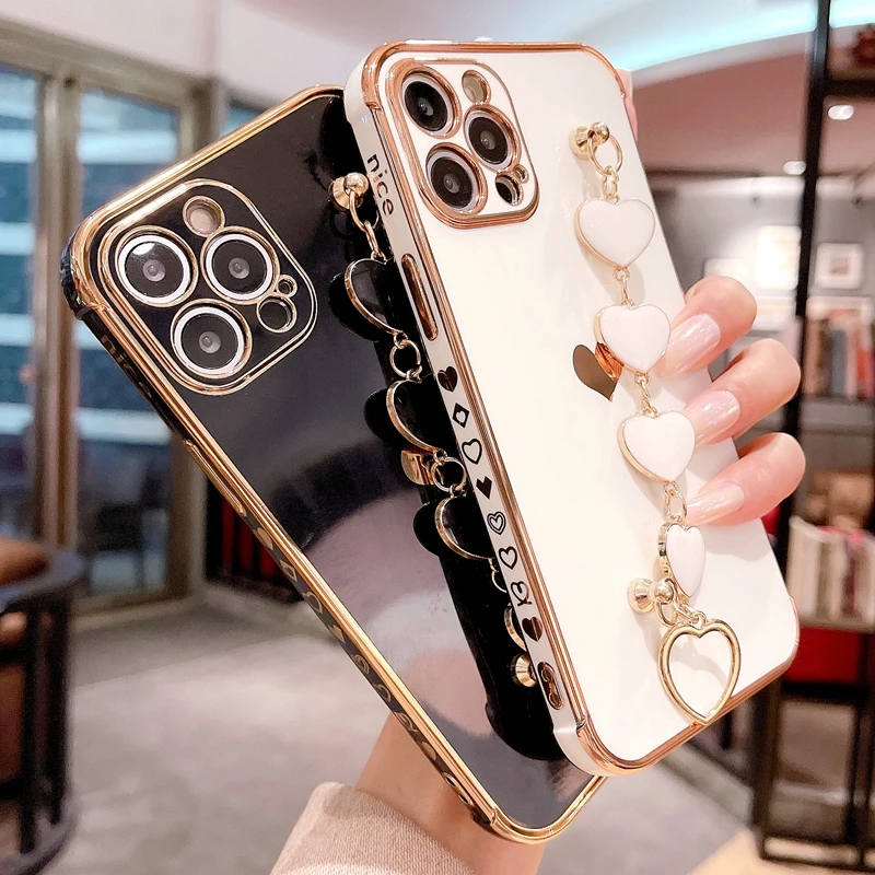 

Soft Bracelet Love Heart Phone Case For iPhone 11 12 13 Pro Max XS X XR 7 8 Plus Mini SE 2020 Electroplated Bumper Back Cover
