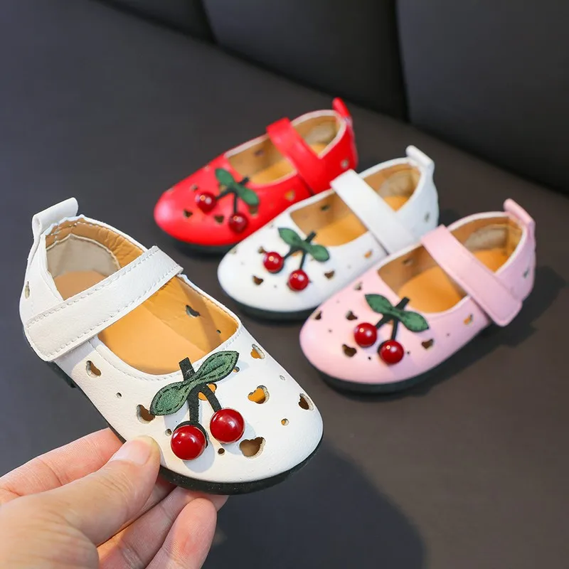 

Princess Shoes for Kids Girls Spring Hollow Out Cherry Sweet Soft Red Pink Children Mary Janes 21-32 Toddler Baby Sandals