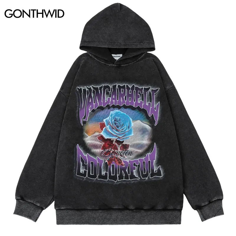 

Vintage Streetwear Hoodie Sweatshirt Retro Floral Rose Print Distressed Wash Pullover 2022 Men Harajuku Punk Gothic Loose Hooded