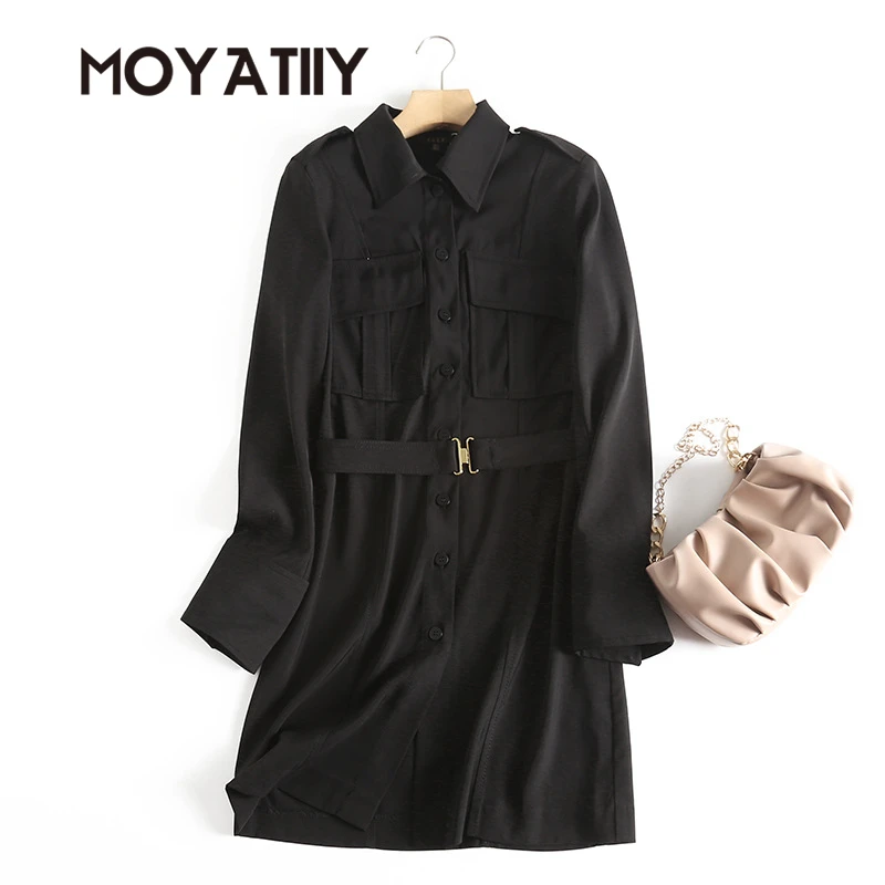 

MOYATIIY Women Spring Dress Fashion Office Ladies Slim Black Dresses with Belt Long Sleeve Female Vestidos