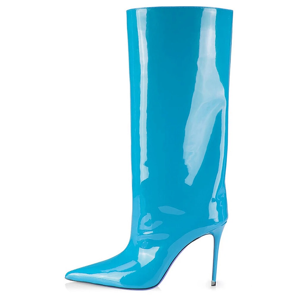 Sexy Ladies Pointed Toe High Heel Fashion Nightclub Short Naked Boots Patent Leather Mid Calf Boots Slip-On Shoes Plus Size 43