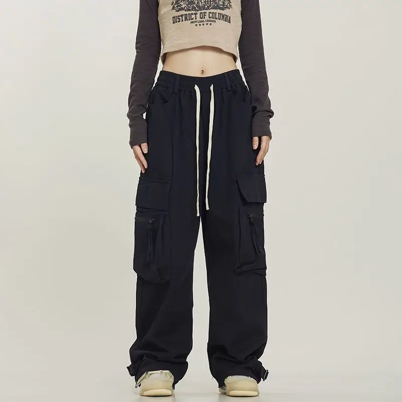 Streetwear Fashion Women Solid Cargo Pants Spring Autumn Harajuku Oversize Elastic Waist Drawcord Loose Casual Sports Trousers