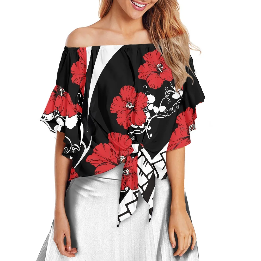 

New Arrivals Women Tops Fashionable 2022 Polynesian Hibiscus Flower Print Sexy Off Shoulder Tie Knot Casual Chiffon Blouses