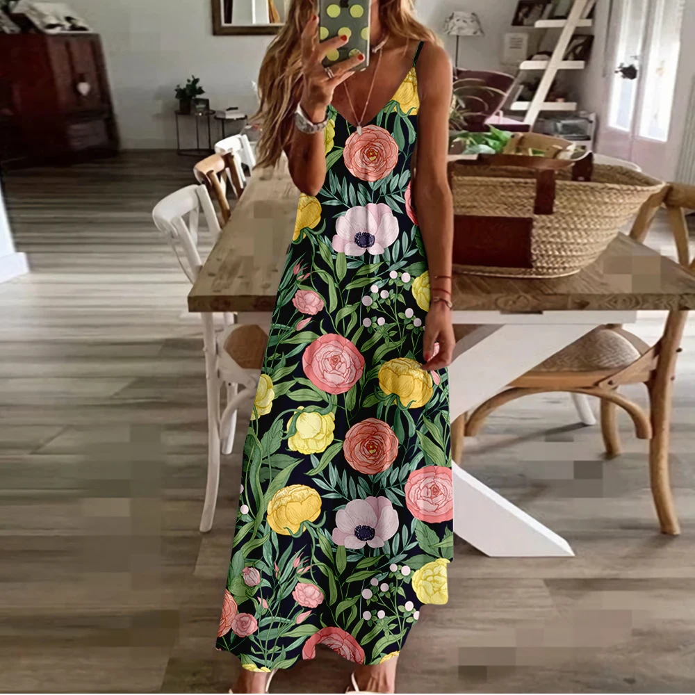 

Женское летнее длинное платье на бретельках, с V-образным вырезом и цветочным принтом