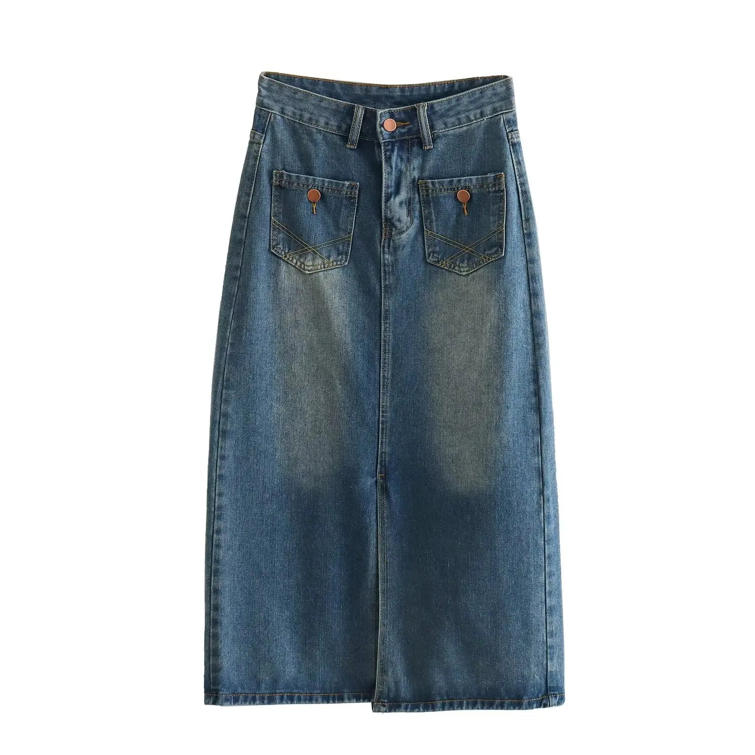 

PB&ZA Women 2023 New Chic Fashion Double Pocket JeansMidi Skirt Vintage High Waist Zipper Female Skirts Mujer