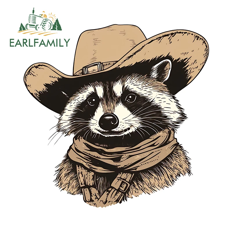

EARLFAMILY винтажный енот в ковбойской шляпе, автомобильные наклейки, крутые зеркала заднего вида, наклейки для молочного ящика, забавные водонепроницаемые наклейки для автомобиля