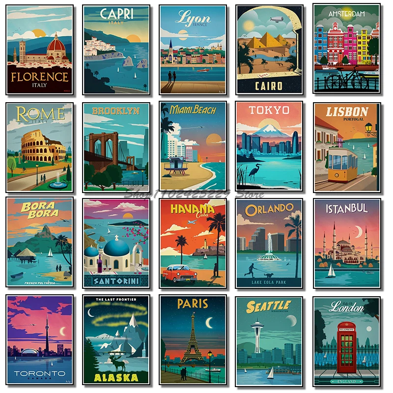 Постер путешествия по миру, город, путешествия, ретро Амстердам, Лиссабон, постер, холст, печать, настенное искусство, украшение для дома, живопись