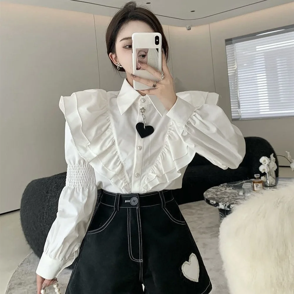 

Simple Peter Pan Collar Fall Office Lady Solid Shirts Women 2022 Fashion Chic Flower Tops Spring Tops Sweet Designer Blouses