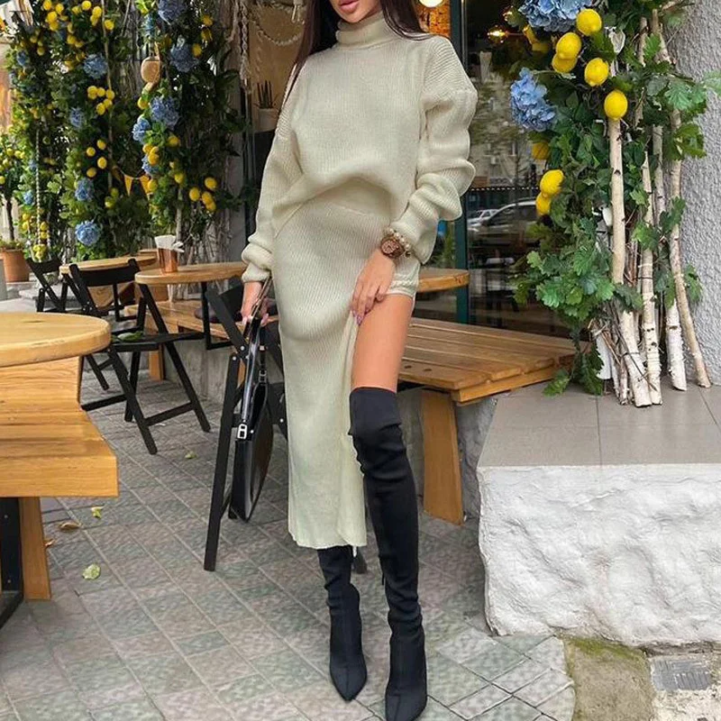 

Women Sexy Solid Color Long Sleeve High Collar Long Sleeve Sweater and High Waist Slit Irregular Skirt 2pcs Set