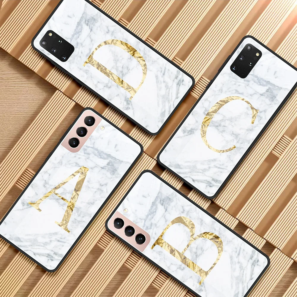 

Glass Phone Case For Samsung Galaxy S20 FE S21Ultra S22 S10 Plus S9 S8 Tempered Funda Note 20 10 9 Cover Sac Marble letters ABC