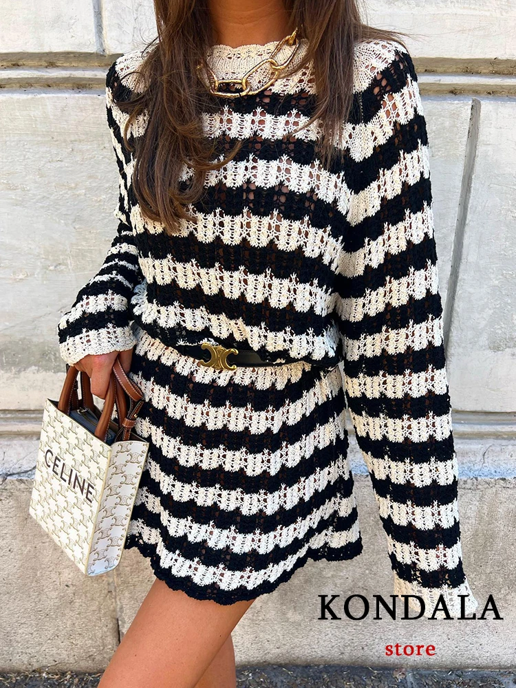 

KONDALA Chic Striped Long Sleeve Women Long Sweater Casual Hollow Out Blouse Fashion Y2K 2022 Autumn All Match Female Slim Tops