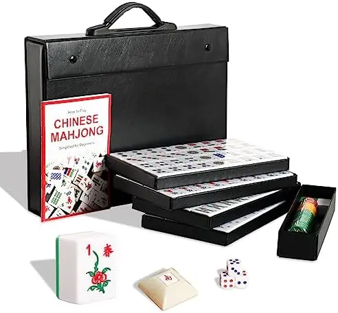 

Professional Chinese Mahjong Set, 144 Numbered Melamine 1.5" Large Size Green Mahjong Tiles, Durable Case & English Inst