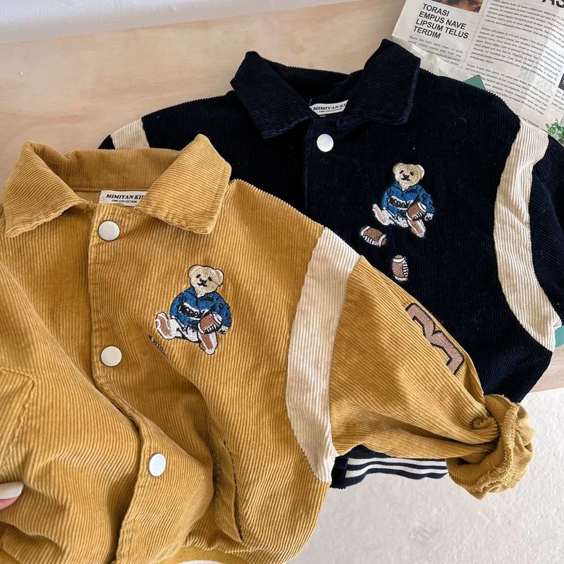 

Осенняя Вельветовая куртка с изображением медведя, однобортная бейсбольная Униформа с отложным воротником для мальчиков и девочек, модные ...